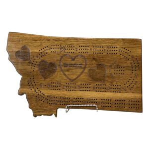 Montana Shaped Cribbage Board with Heart Inlay and Engraving